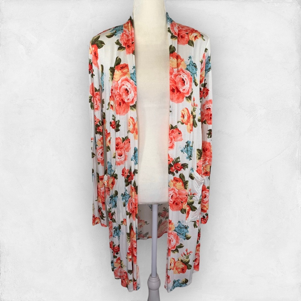 Floral Open-Front Long Cardigan - White with Coral Rose Print